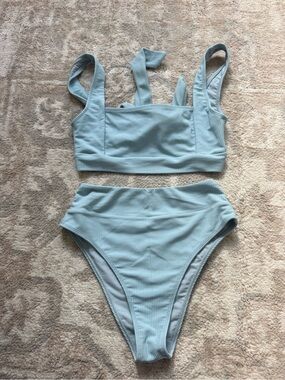 Light Blue Ribbed High-Waist Bikini Set